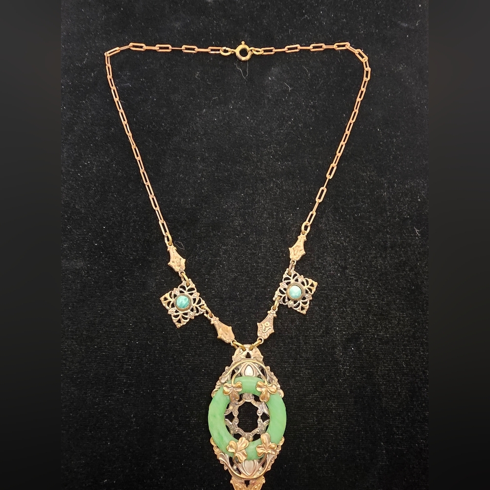 Czech Brass Shamrock Green Glass Necklace 16 Inch Antique 1920s 1930s Lucky - Picture 9 of 12